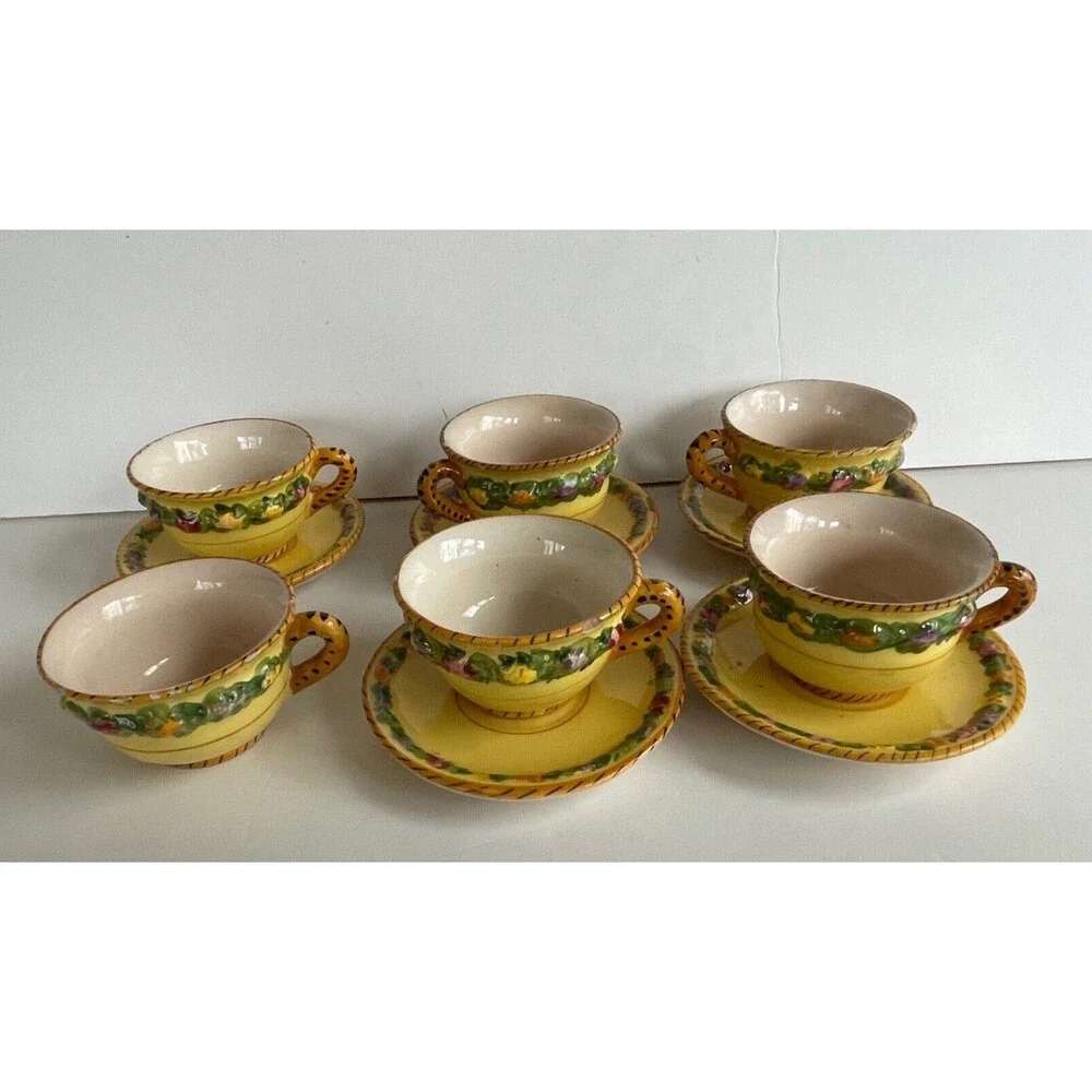 Vtg BITOSSI Italy Della Robbia Coffee Set Cups Saucers Sugar Hand Painted Yellow